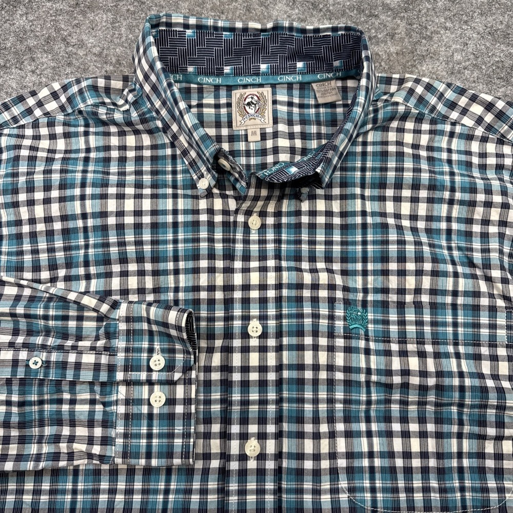 Cinch shirt men's medium blue plaid cotton long sleeve button down western logo